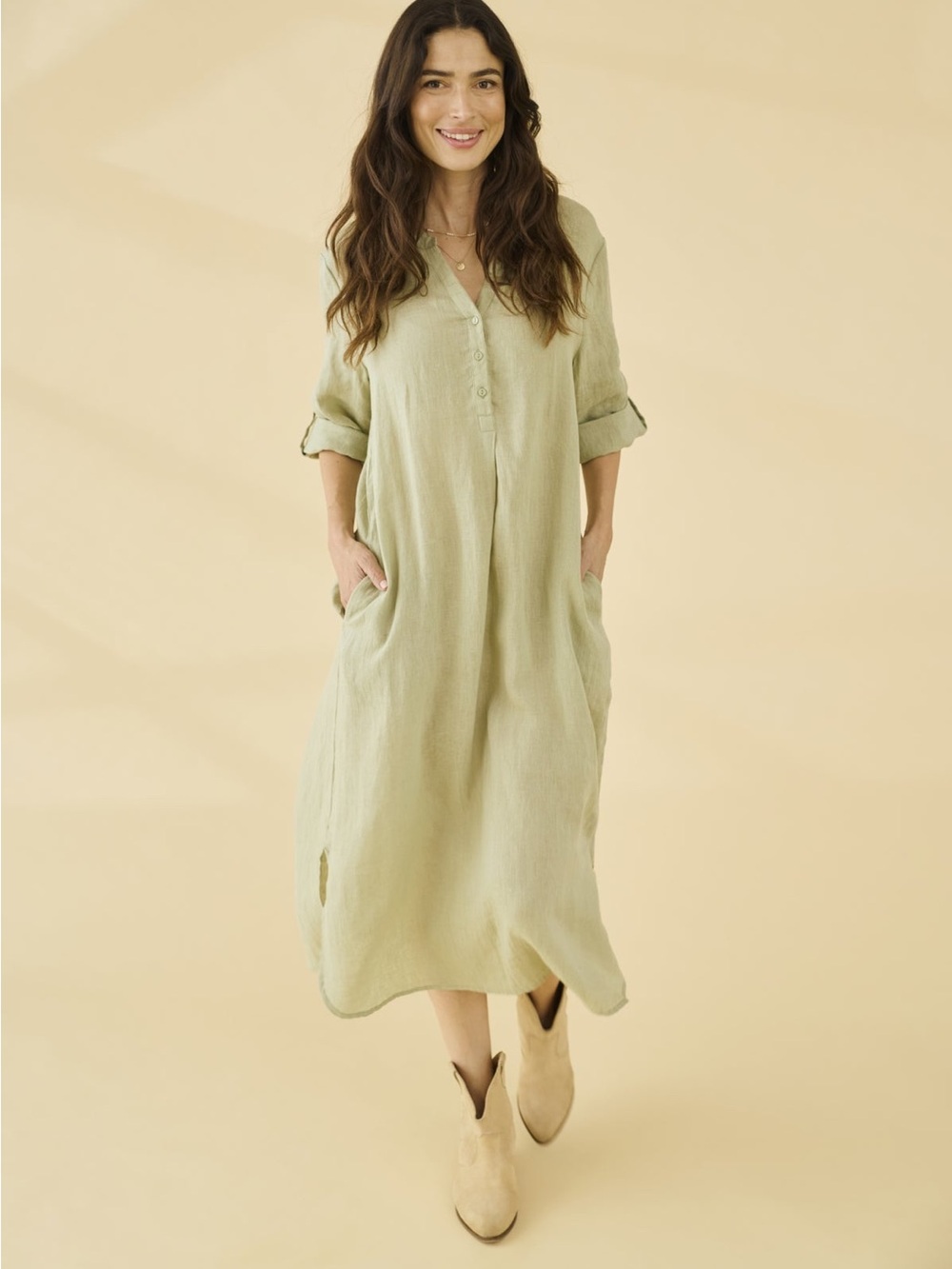Light Sage Long Sleeve Shirt Dress - Women's Easy Linen Dress